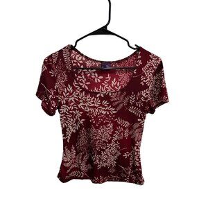 Genevieve Womens Red White Floral Print Scoop Neck Short Sleeve Casual Top